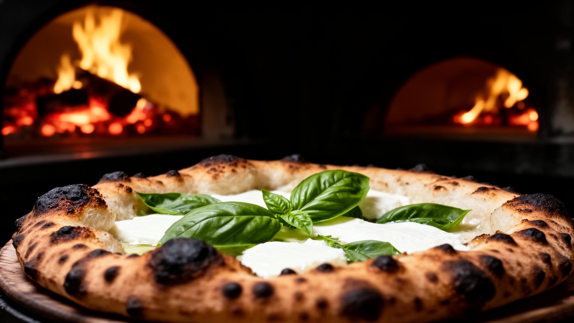 Margherita pizza beside a glowing Napoletana woodfired oven